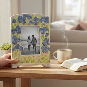 Hand-Painted Blue Iris Floral Ceramic Picture Frame – Vintage Cottagecore